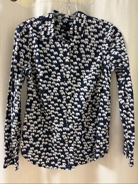 Talbots Navy Button-Down Shirt with White Elephant Motif
